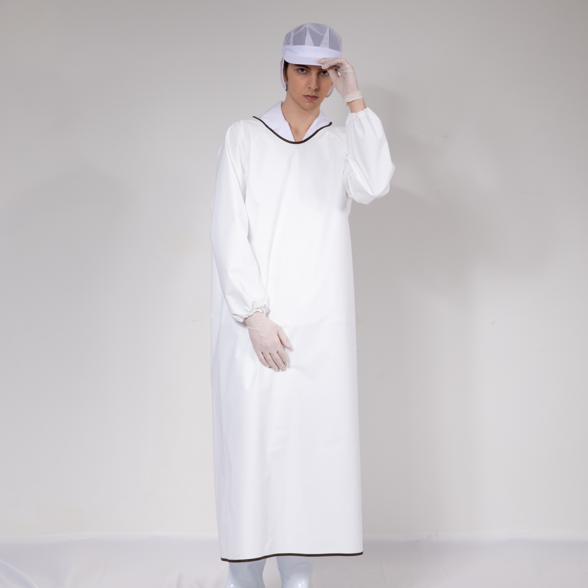 무광 화이트 긴소매 우레탄 방수 앞치마