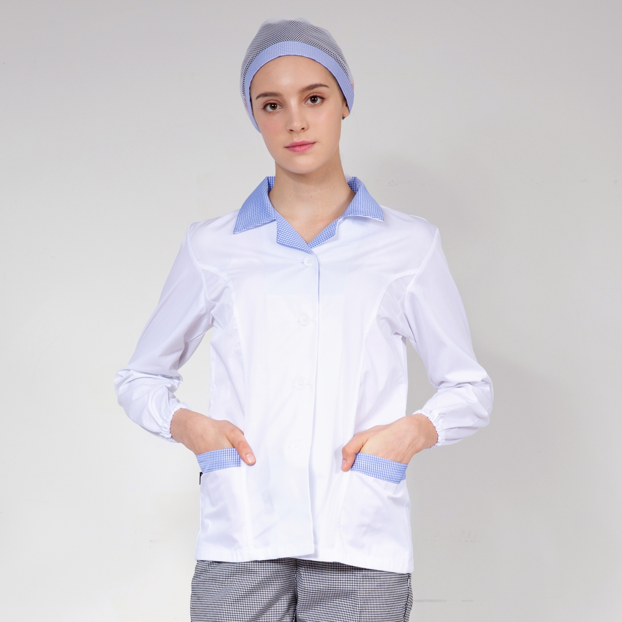 여성용 블루 체크 32수 쿨 스판 긴팔 위생셔츠