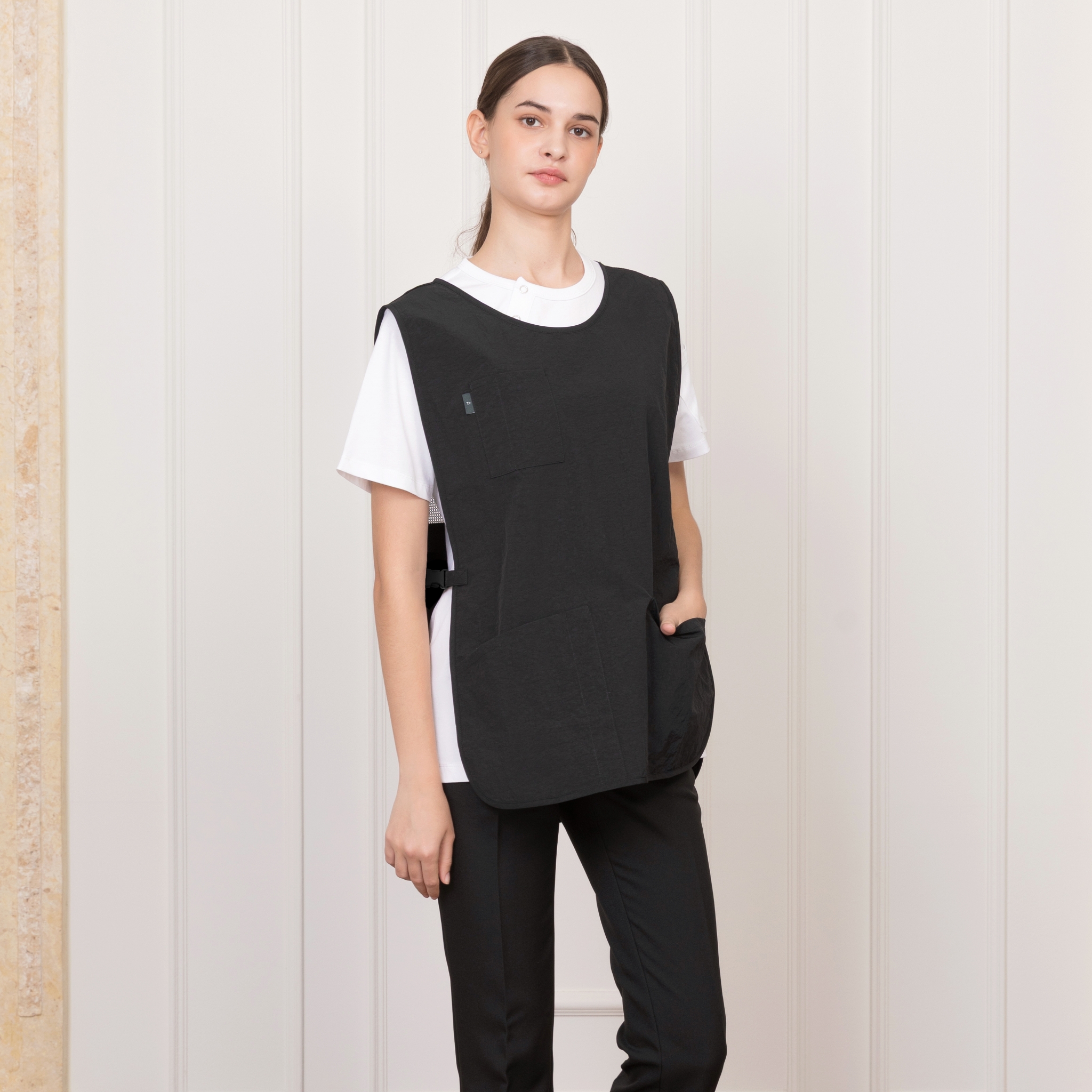 블랙 라운드 빅포켓 망사 원피스 앞치마