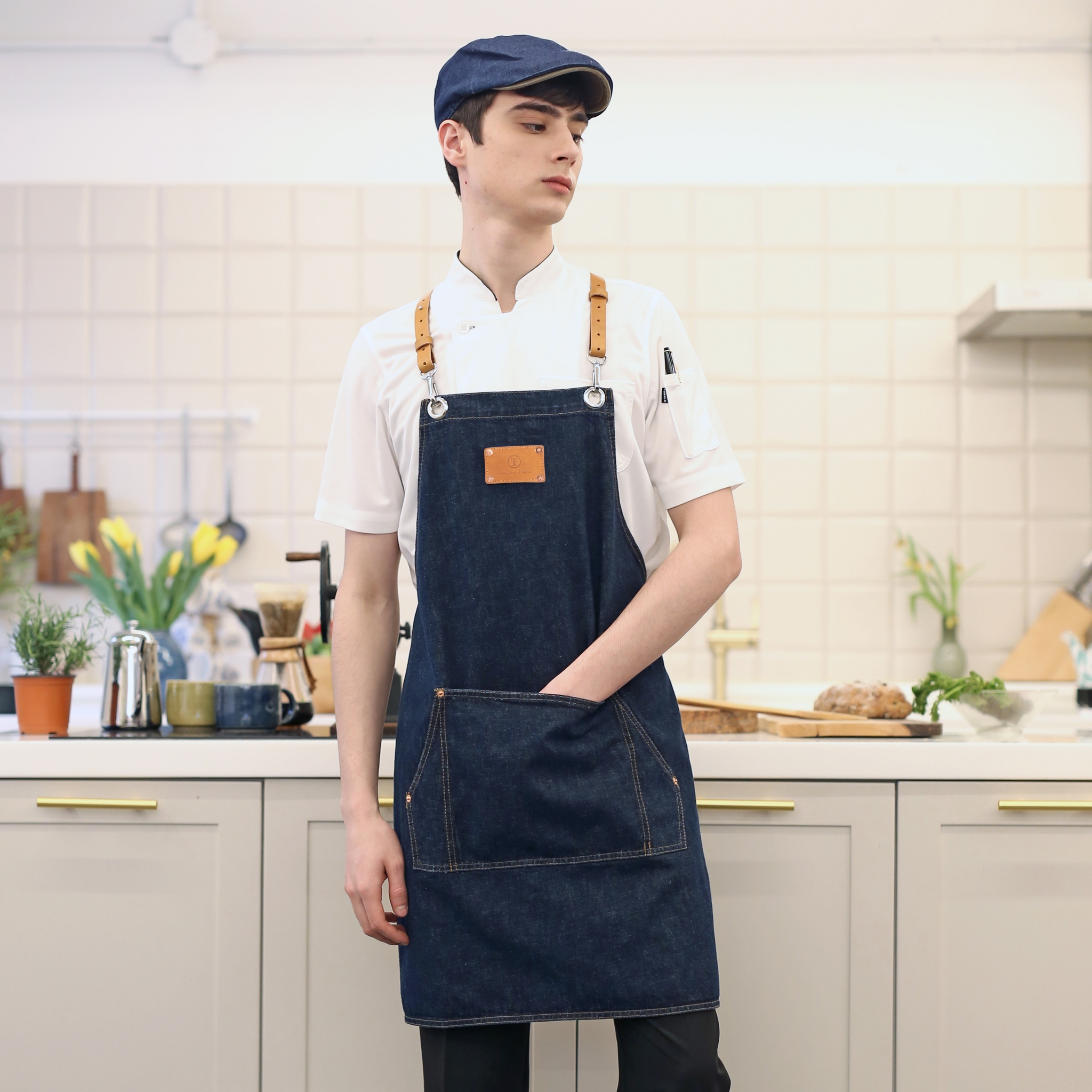 통 가죽 데님 X형 앞치마
