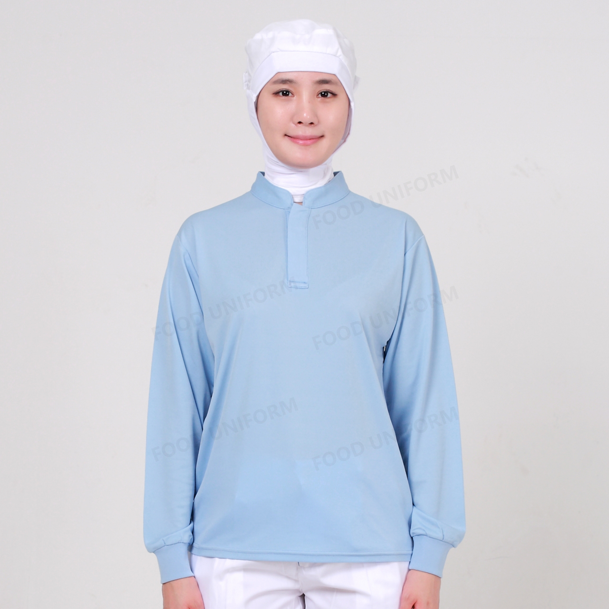 화이트 블루 HACCP 긴팔 위생 티셔츠