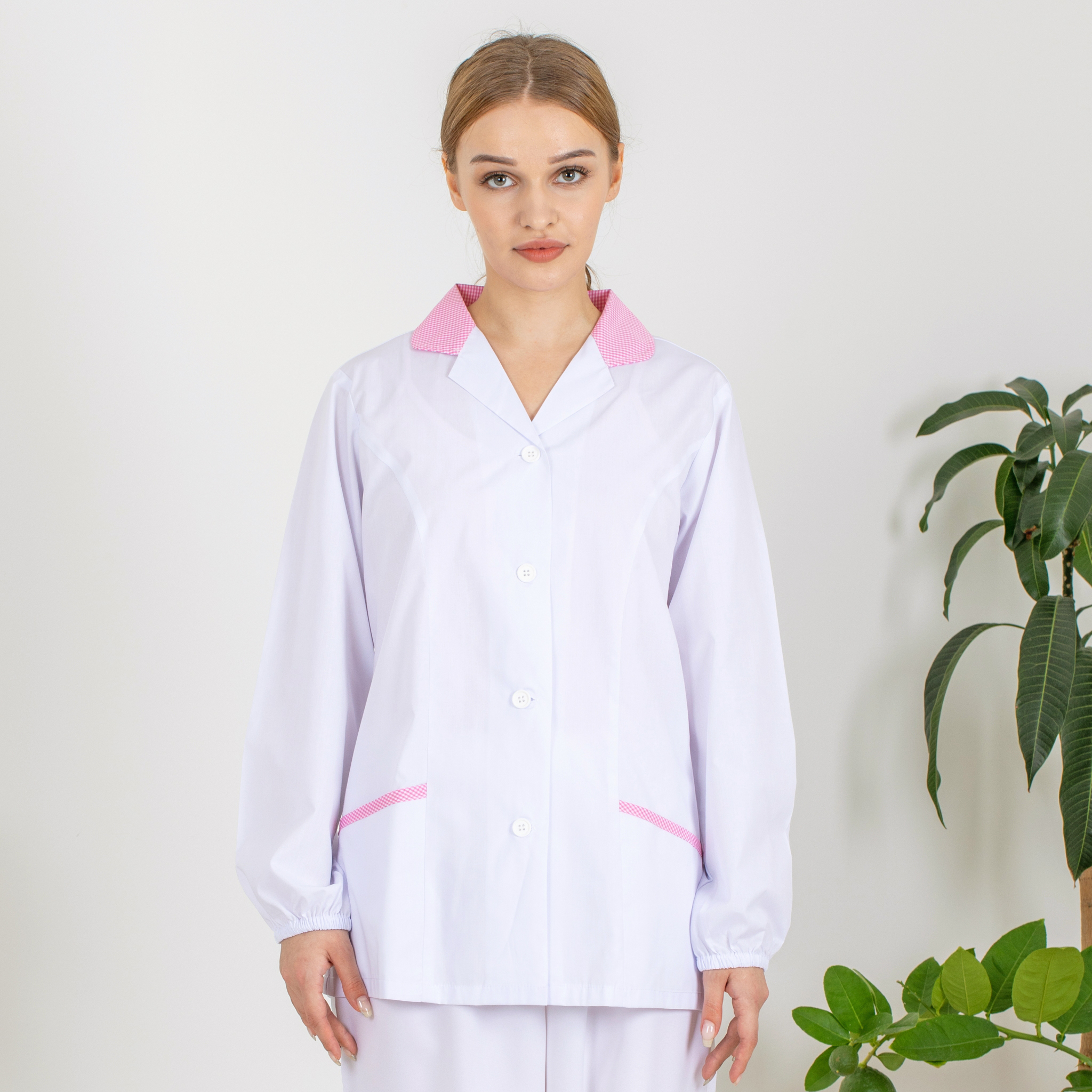 여성용 체크 카라 긴팔 위생복