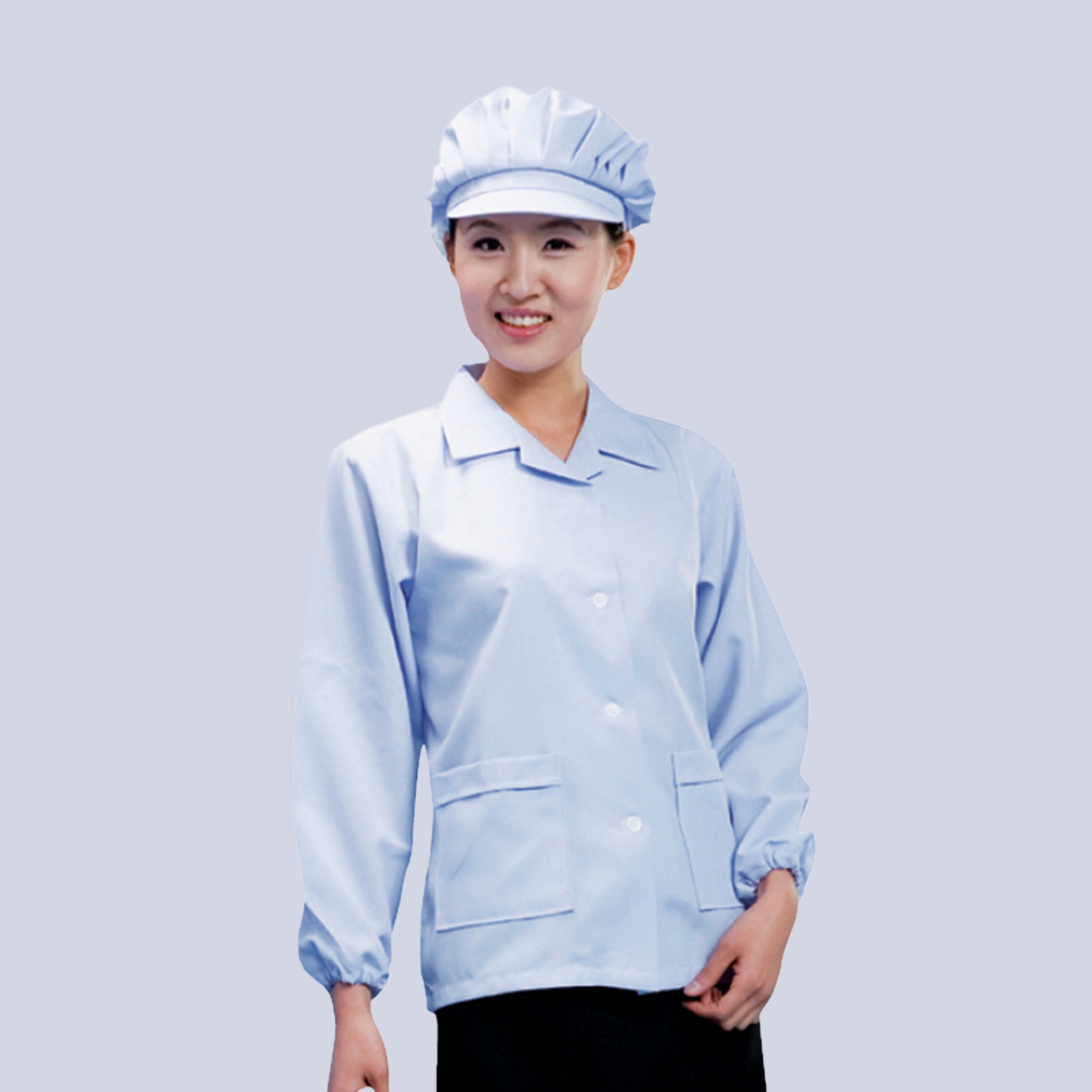 여성용 블루 폴리 카라 긴팔 위생복