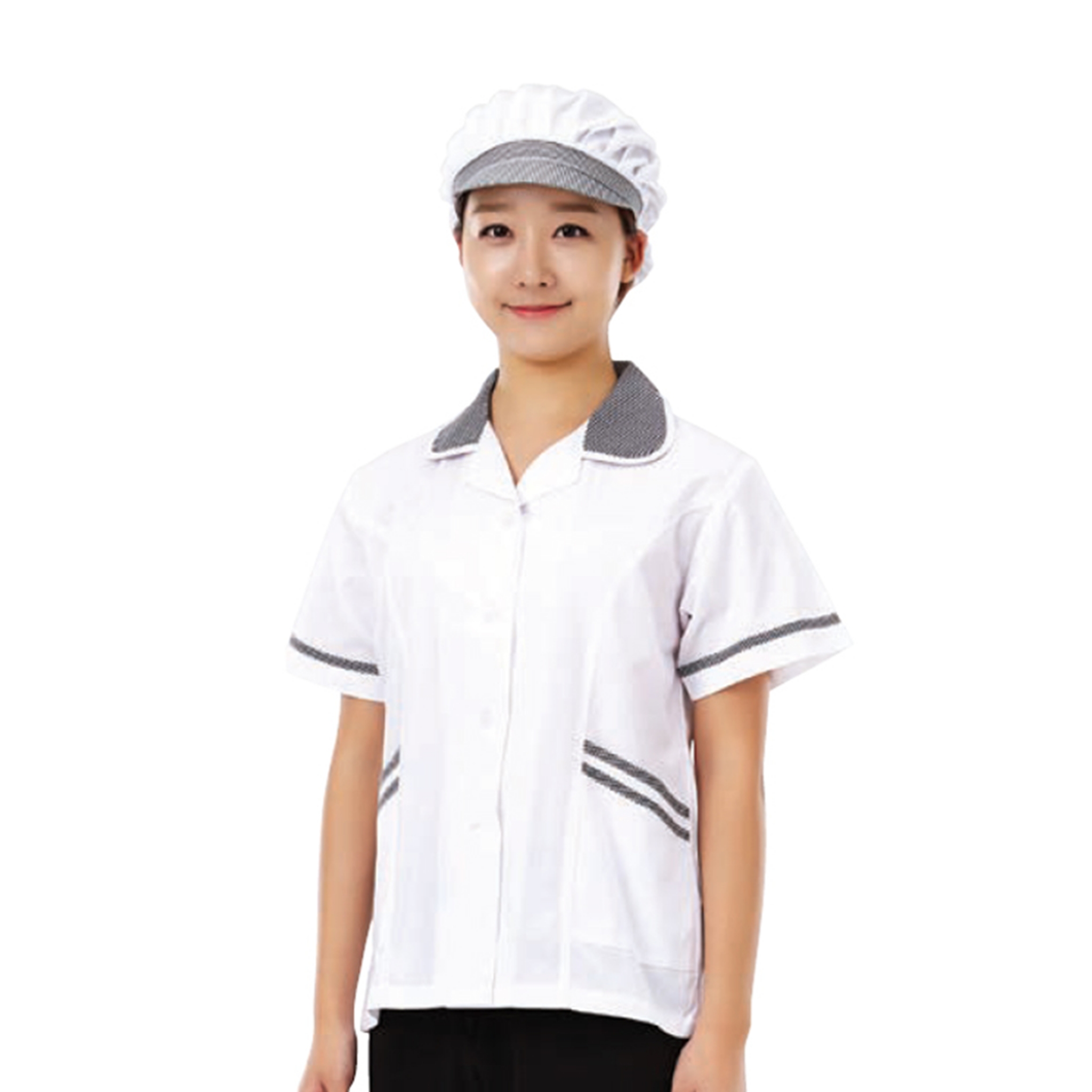 여성용 블랙 체크 카라 긴팔 위생복