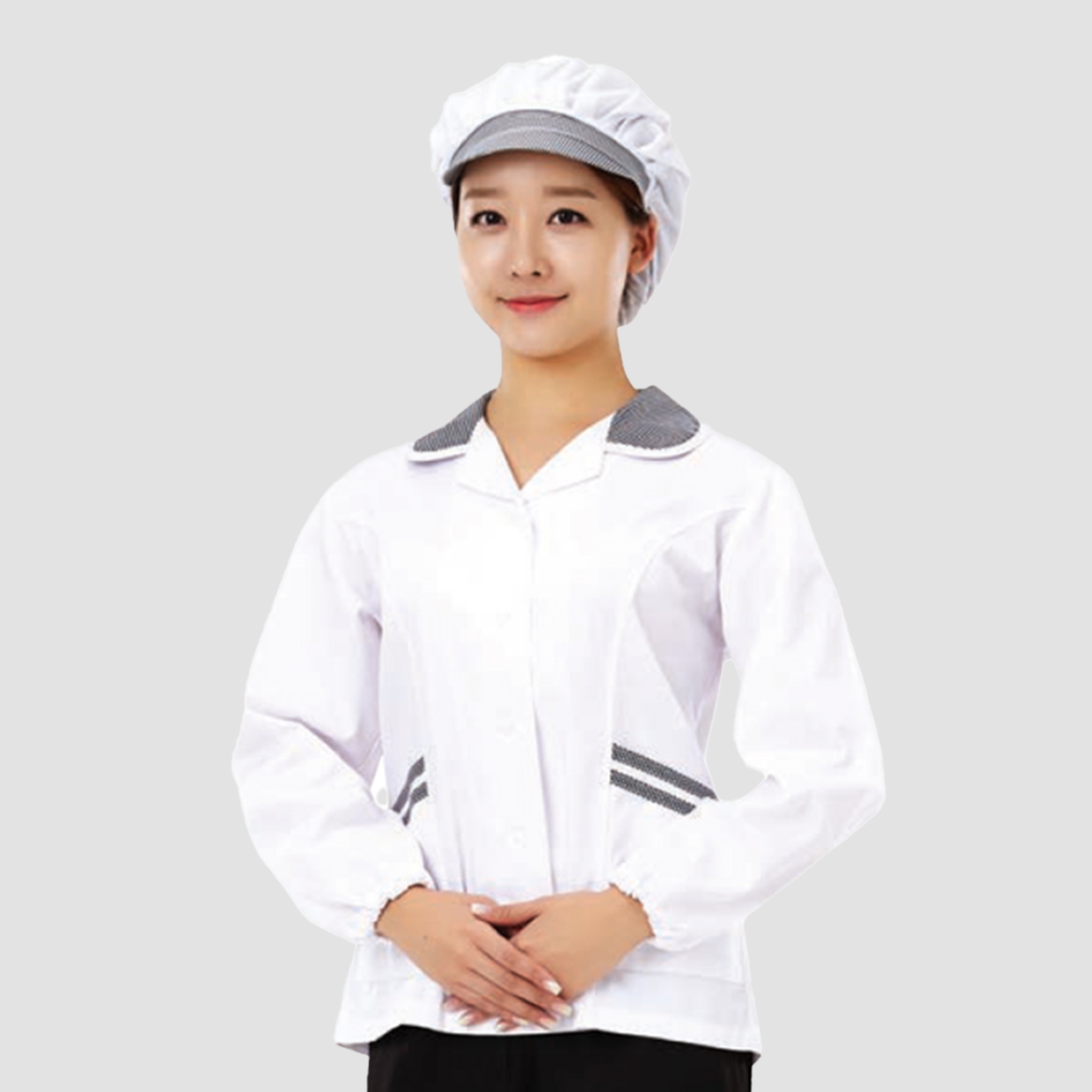 여성용 화이트 블랙체크 카라 고무줄 긴팔 위생복